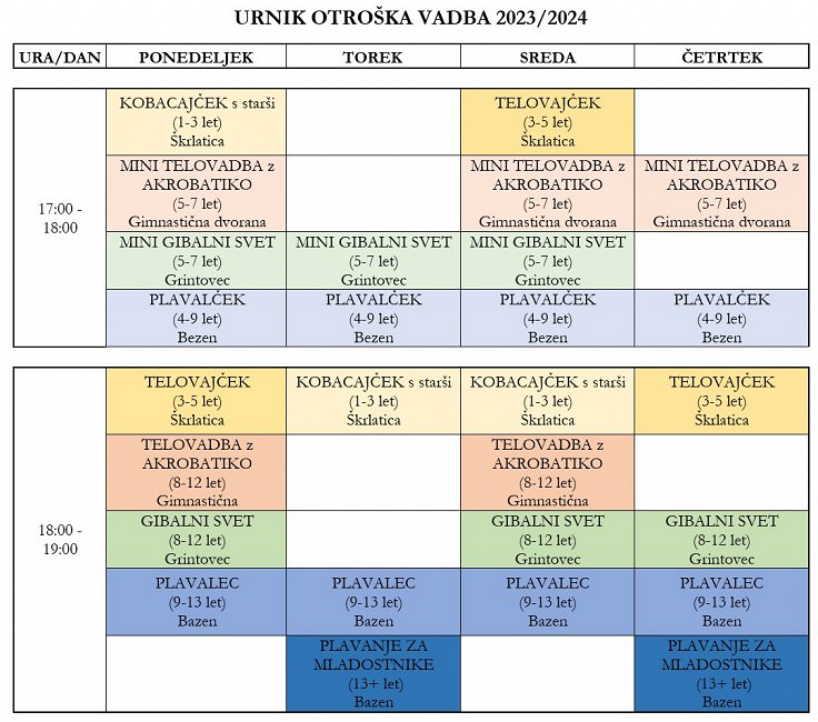 Urnik otroska vadba-2023-24